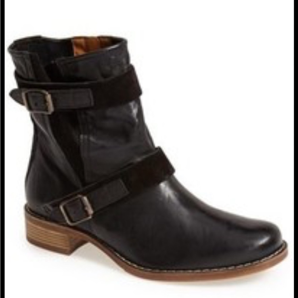 Paul Green Ally black Suede leather Moto ankle Boots belt straps 6 / US 8